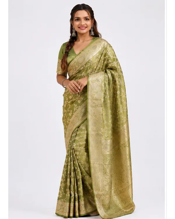 Women_Ladies_Olive_Green_Soft_Lichi_Silk_Saree_with_Rich_Pallu_and_Jacquard_Work,_Running_Blouse_Piece