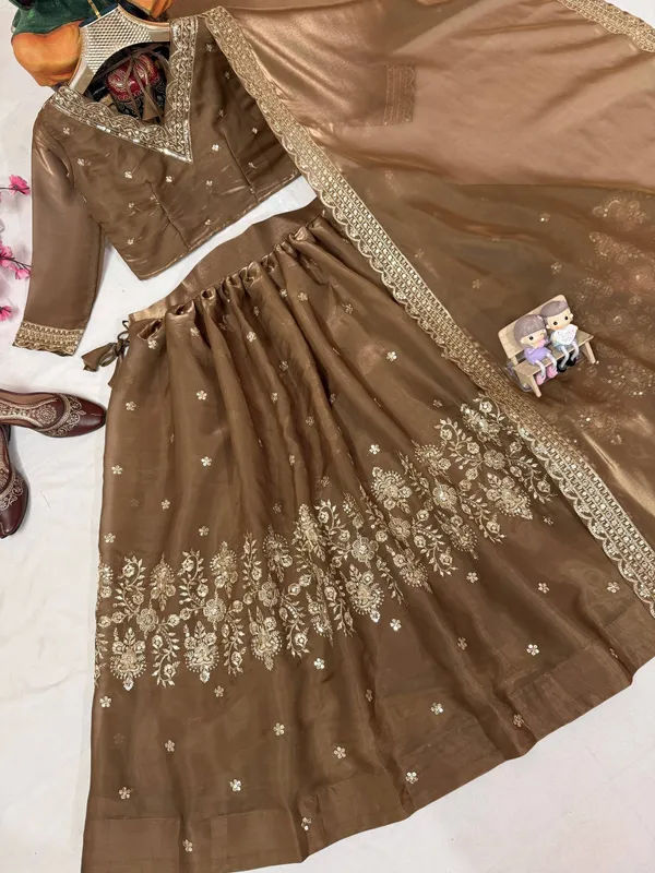 Brown_Heavy_Tissue_Silk_Lehenga_Choli_Set_For_Women