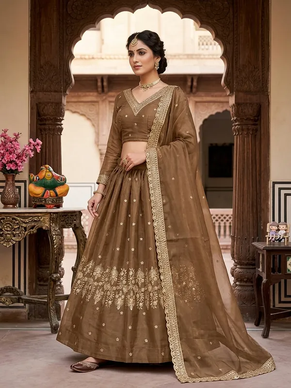 Brown_Heavy_Tissue_Silk_Lehenga_Choli_Set_For_Women