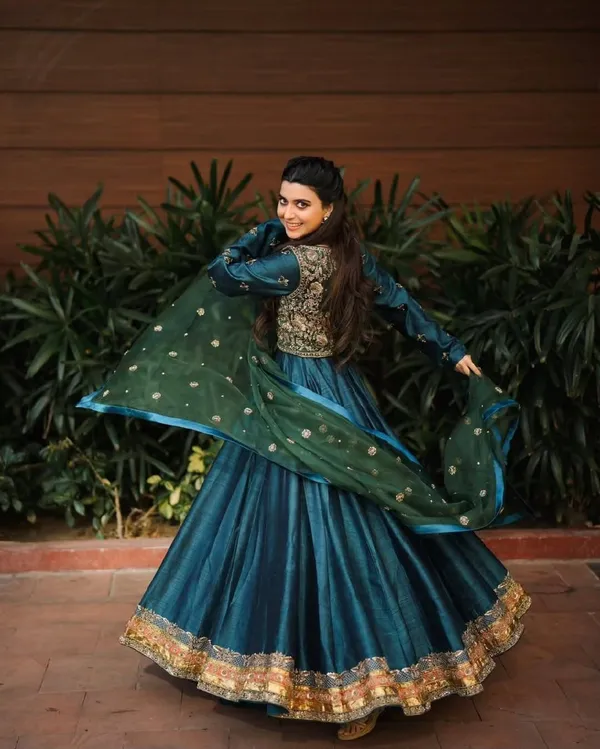 Teal_Vichitra_Silk_With_Organza_Silk_Anarkali_Suit_Set_For_Women