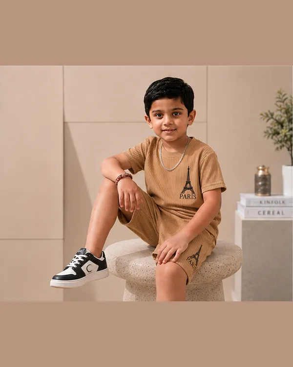 Boys_Beige_Paris_Eiffel_Tower_Printed_T-Shirt_&_Shorts_Co-ord_Set_for_Kids,_3–16_Years