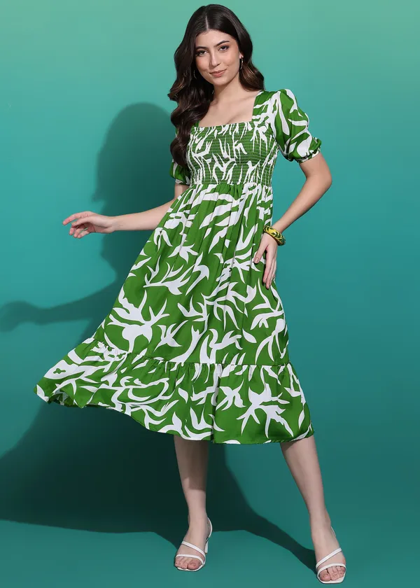 Women_Ladies_Green_Printed_Midi_Dress,_Western_Wear_Fit_and_Flare_A-Line_Dress_with_Puff_Sleeves