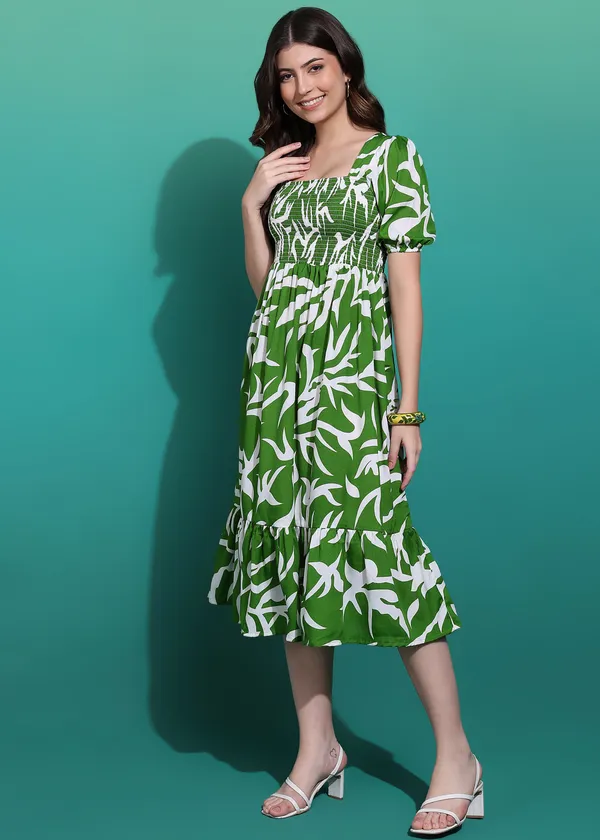 Women_Ladies_Green_Printed_Midi_Dress,_Western_Wear_Fit_and_Flare_A-Line_Dress_with_Puff_Sleeves