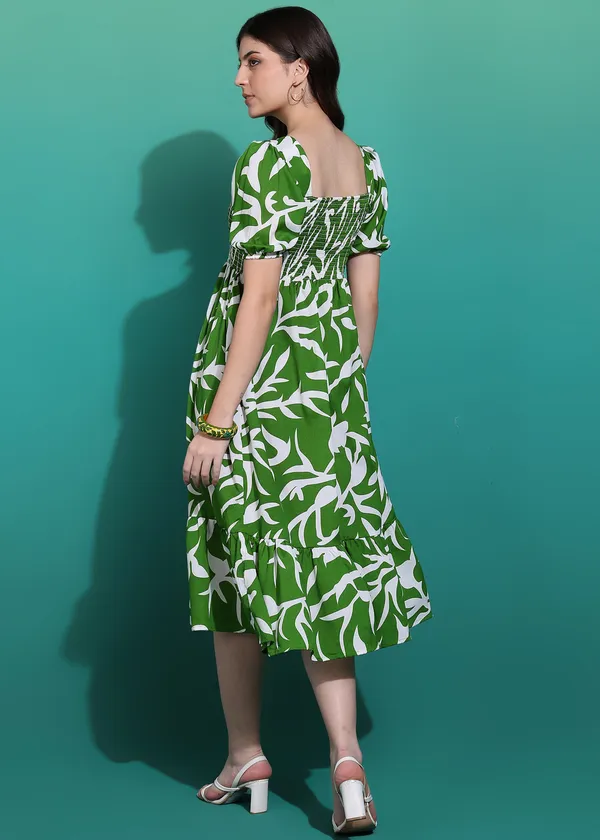 Women_Ladies_Green_Printed_Midi_Dress,_Western_Wear_Fit_and_Flare_A-Line_Dress_with_Puff_Sleeves
