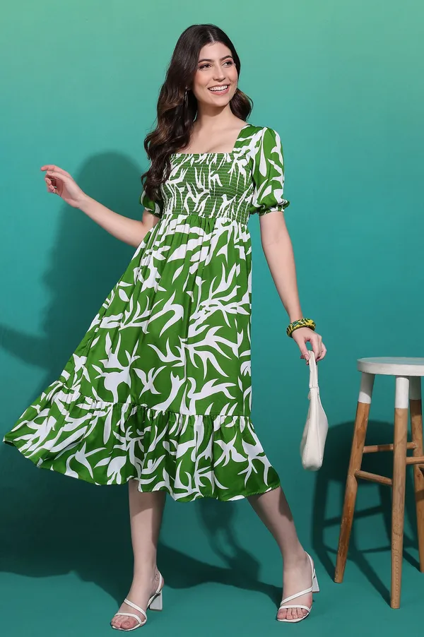 Women_Ladies_Green_Printed_Midi_Dress,_Western_Wear_Fit_and_Flare_A-Line_Dress_with_Puff_Sleeves