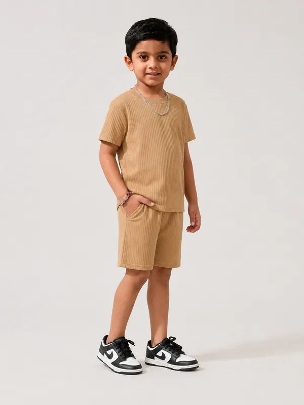 Boys_Beige_Plain_Ribbed_T-Shirt_&_Shorts_Co-ord_Set_for_Kids,_3–16_Years