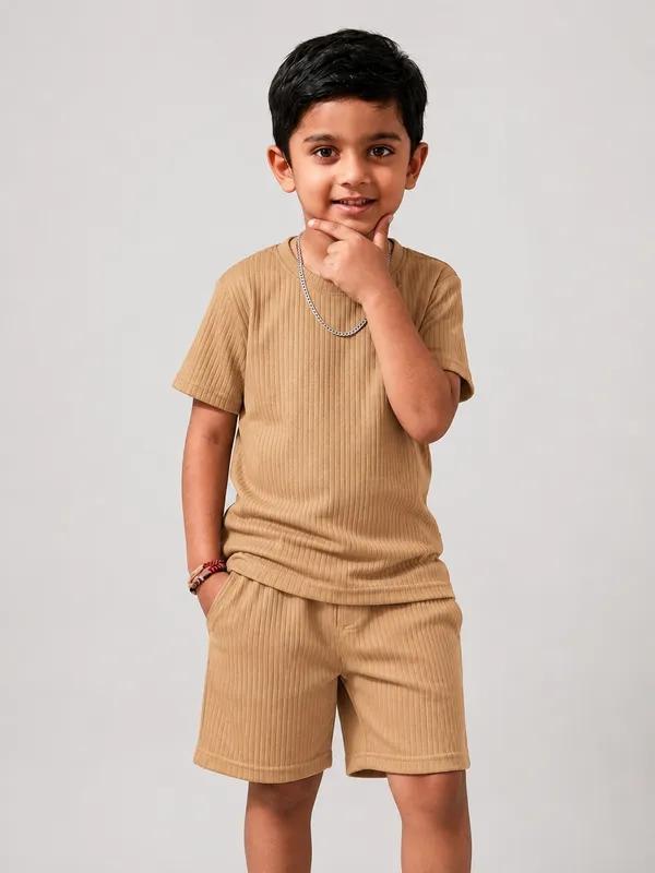 Boys_Beige_Plain_Ribbed_T-Shirt_&_Shorts_Co-ord_Set_for_Kids,_3–16_Years
