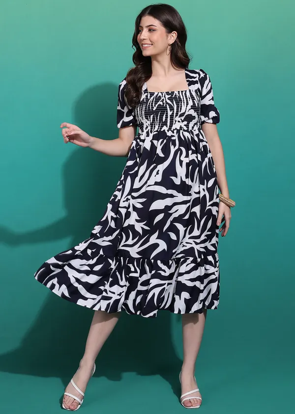 Women_Ladies_Black_Printed_Midi_Dress,_Western_Wear_Fit_and_Flare_A-Line_Dress_with_Puff_Sleeves