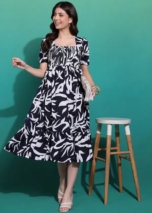 Women_Ladies_Black_Printed_Midi_Dress,_Western_Wear_Fit_and_Flare_A-Line_Dress_with_Puff_Sleeves