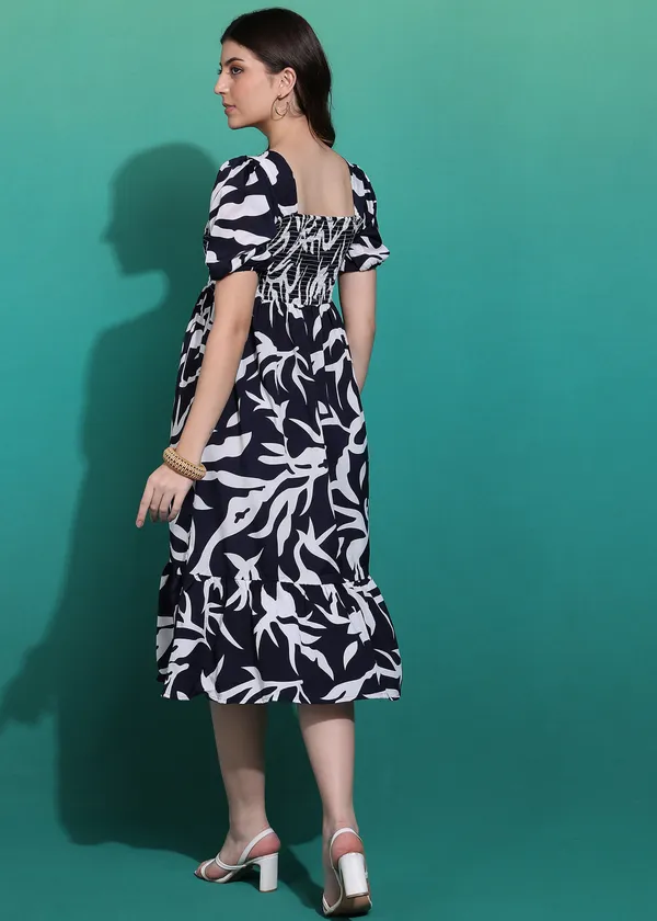 Women_Ladies_Black_Printed_Midi_Dress,_Western_Wear_Fit_and_Flare_A-Line_Dress_with_Puff_Sleeves