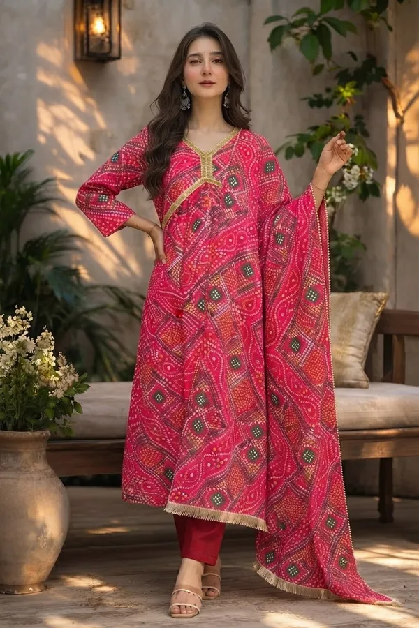 Women_Ladies_Red_Bandhani_Kurti_with_Pant_and_Dupatta_Set,_Heavy_Delta_Silk_Festive_Ethnic_Wear