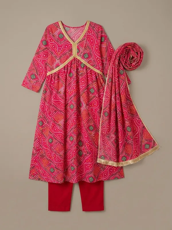 Women_Ladies_Red_Bandhani_Kurti_with_Pant_and_Dupatta_Set,_Heavy_Delta_Silk_Festive_Ethnic_Wear