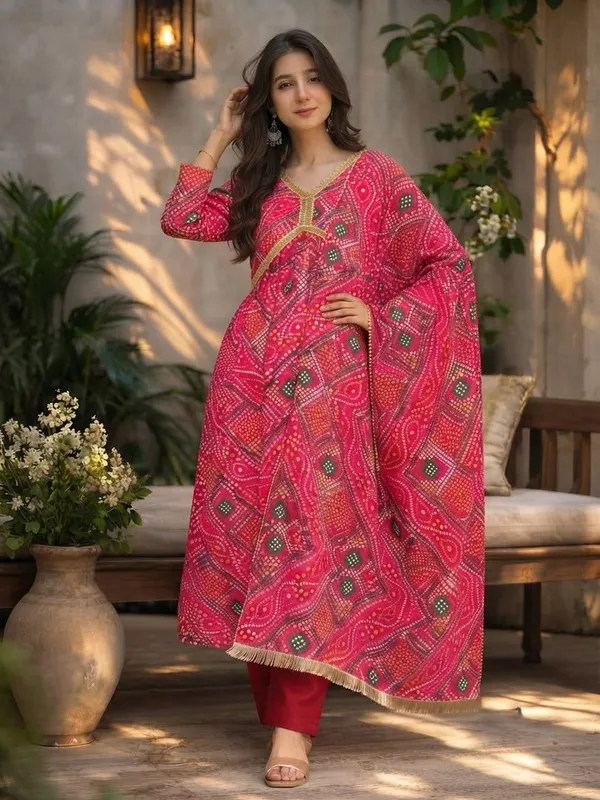 Women_Ladies_Red_Bandhani_Kurti_with_Pant_and_Dupatta_Set,_Heavy_Delta_Silk_Festive_Ethnic_Wear