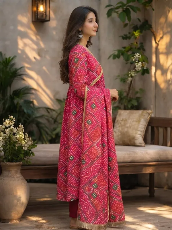 Women_Ladies_Red_Bandhani_Kurti_with_Pant_and_Dupatta_Set,_Heavy_Delta_Silk_Festive_Ethnic_Wear