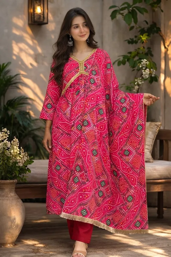 Women_Ladies_Red_Bandhani_Kurti_with_Pant_and_Dupatta_Set,_Heavy_Delta_Silk_Festive_Ethnic_Wear