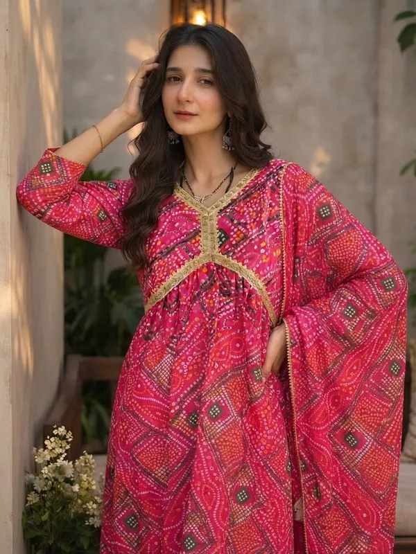Women_Ladies_Red_Bandhani_Kurti_with_Pant_and_Dupatta_Set,_Heavy_Delta_Silk_Festive_Ethnic_Wear