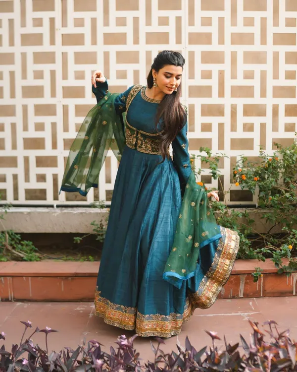 Teal_Vichitra_Silk_With_Organza_Silk_Anarkali_Suit_Set_For_Women