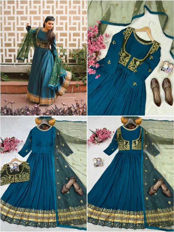 Teal_Vichitra_Silk_With_Organza_Silk_Anarkali_Suit_Set_For_Women