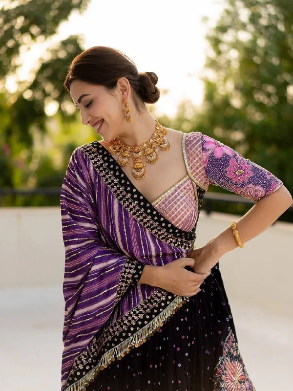 Black_&_Purple_Heavy_Malai_Silk_Lehenga_Choli_For_Women