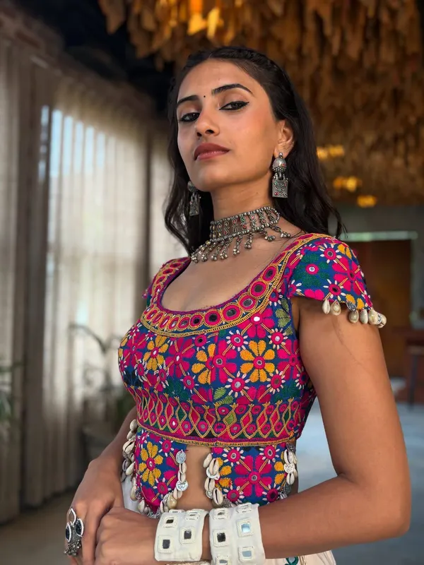 Multicolor_Heavy_Tissue_Silk_Crop_Top_&_Skirt_Set_For_Women