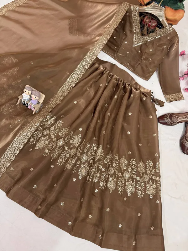 Brown_Heavy_Tissue_Silk_Lehenga_Choli_Set_For_Women