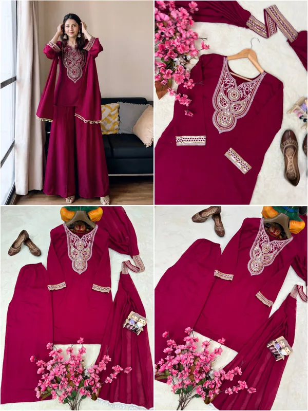 Maroon_Vichitra_Silk_Kurta_Set_For_Women