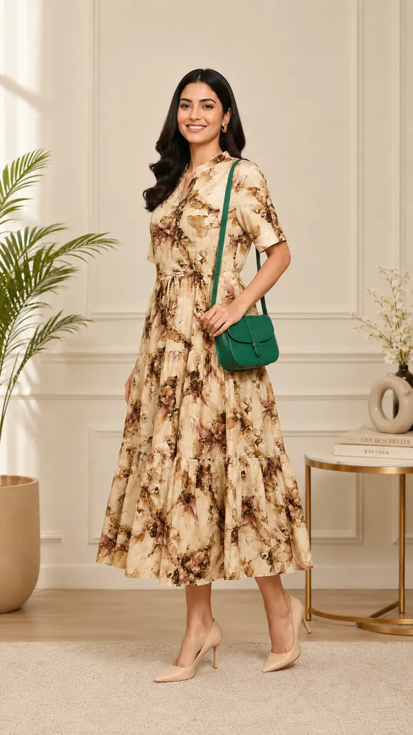 Women_Ladies_Beige_Brown_Printed_Delta_Midi_Dress,_Western_Wear_Fit_and_Flare_A-Line_Dress_with_Short_Ruffle_Sleeves