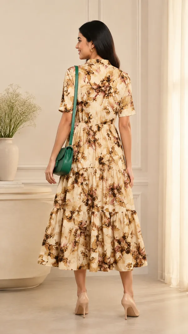 Women_Ladies_Beige_Brown_Printed_Delta_Midi_Dress,_Western_Wear_Fit_and_Flare_A-Line_Dress_with_Short_Ruffle_Sleeves