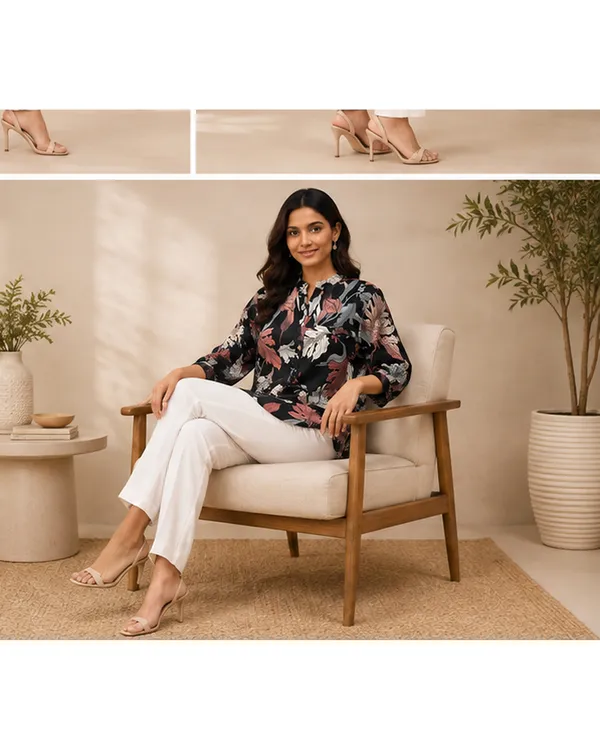 Women_Ladies_Black_Pink_Floral_Printed_Polyester_Top,_3/4_Sleeve_Collared_Western_Wear_Top