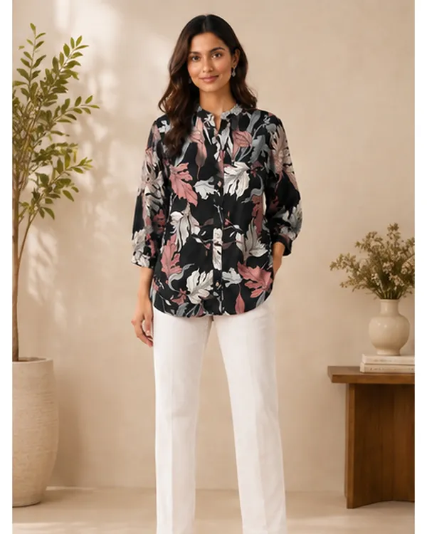 Women_Ladies_Black_Pink_Floral_Printed_Polyester_Top,_3/4_Sleeve_Collared_Western_Wear_Top