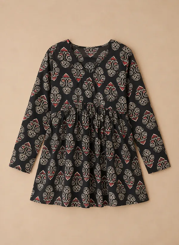 Women_Ladies_Black_Rayon_Printed_Fancy_Tunic_Top,_V-Neck_Full_Sleeve_Western_Wear_Top