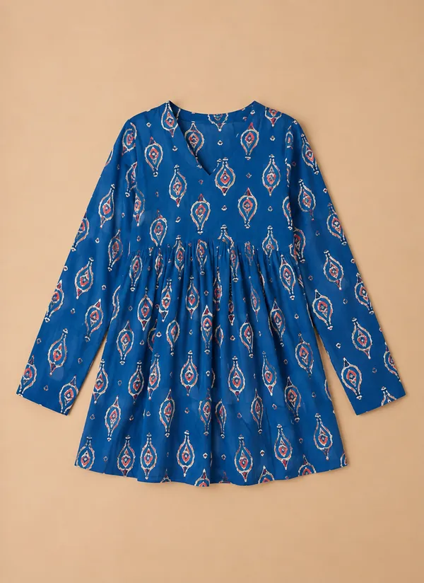 Women_Ladies_Blue_Cotton_Printed_Fancy_Tunic_Top,_V-Neck_Full_Sleeve_Western_Wear_Top
