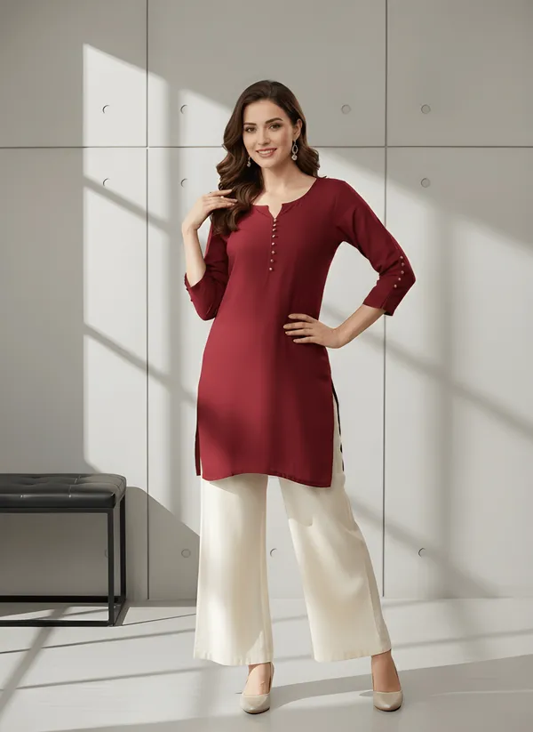 Women_Ladies_Maroon_Roman_Silk_Solid_Tunic_Top,_Round_Neck_3/4_Sleeve_Casual_Western_Wear