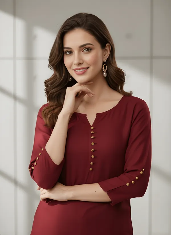 Women_Ladies_Maroon_Roman_Silk_Solid_Tunic_Top,_Round_Neck_3/4_Sleeve_Casual_Western_Wear
