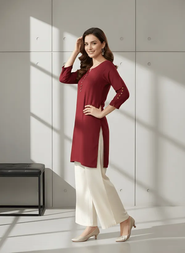 Women_Ladies_Maroon_Roman_Silk_Solid_Tunic_Top,_Round_Neck_3/4_Sleeve_Casual_Western_Wear