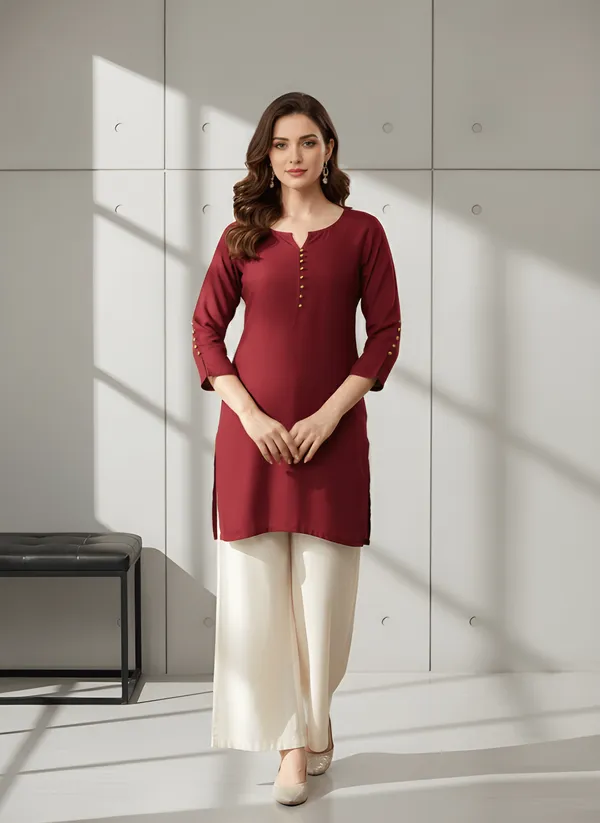 Women_Ladies_Maroon_Roman_Silk_Solid_Tunic_Top,_Round_Neck_3/4_Sleeve_Casual_Western_Wear