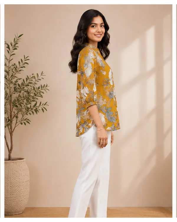 Women_Ladies_Mustard_Yellow_Floral_Printed_Polyester_Top,_3/4_Sleeve_Collared_Western_Wear_Top