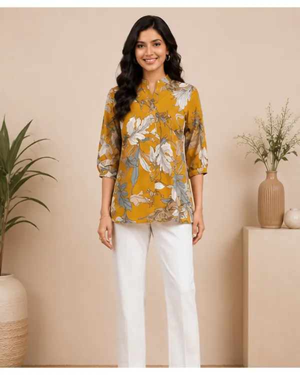 Women_Ladies_Mustard_Yellow_Floral_Printed_Polyester_Top,_3/4_Sleeve_Collared_Western_Wear_Top
