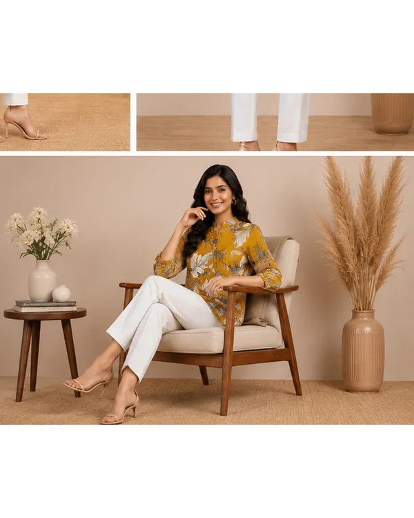 Women_Ladies_Mustard_Yellow_Floral_Printed_Polyester_Top,_3/4_Sleeve_Collared_Western_Wear_Top
