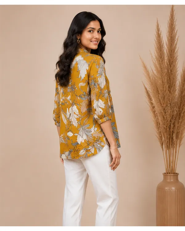 Women_Ladies_Mustard_Yellow_Floral_Printed_Polyester_Top,_3/4_Sleeve_Collared_Western_Wear_Top