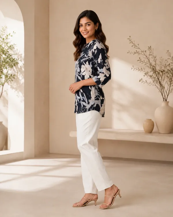 Women_Ladies_Navy_Blue_Floral_Printed_Polyester_Top,_3/4_Sleeve_Collared_Western_Wear_Top