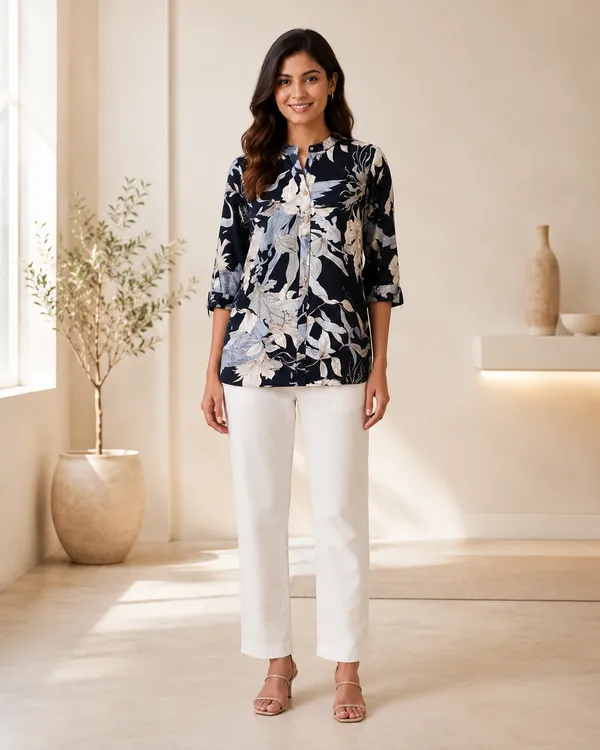 Women_Ladies_Navy_Blue_Floral_Printed_Polyester_Top,_3/4_Sleeve_Collared_Western_Wear_Top