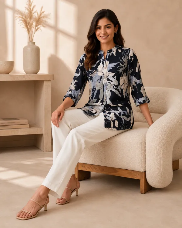 Women_Ladies_Navy_Blue_Floral_Printed_Polyester_Top,_3/4_Sleeve_Collared_Western_Wear_Top