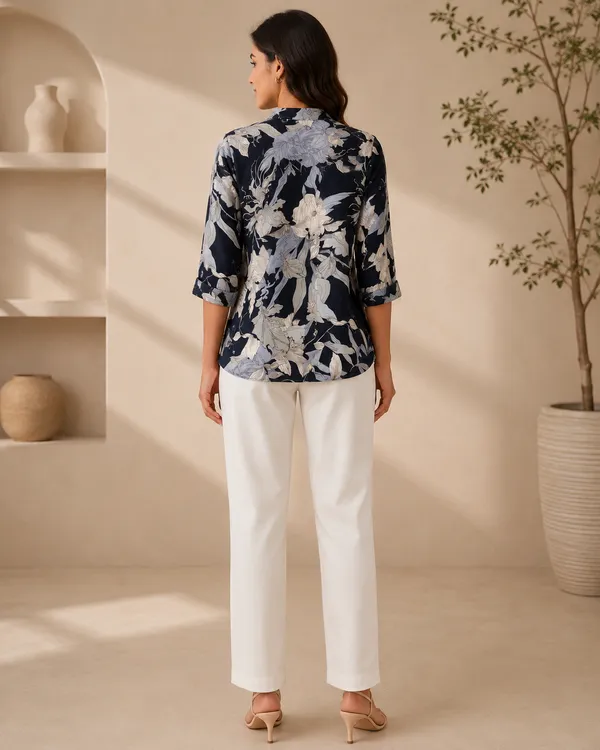 Women_Ladies_Navy_Blue_Floral_Printed_Polyester_Top,_3/4_Sleeve_Collared_Western_Wear_Top