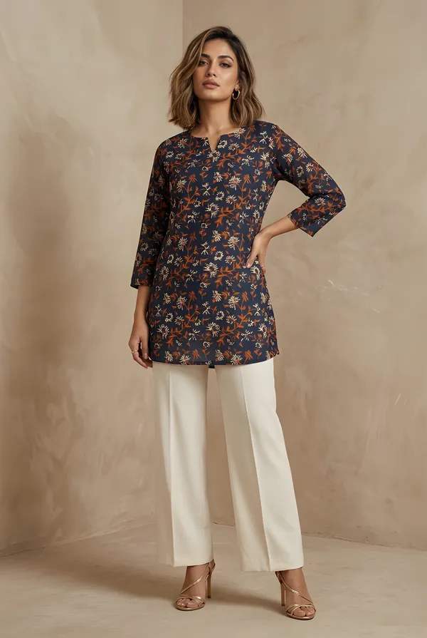 Women_Ladies_Navy_Blue_Printed_Cotton_Blend_Tunic_Top,_Round_Neck_3/4_Sleeve_Casual_Western_Wear