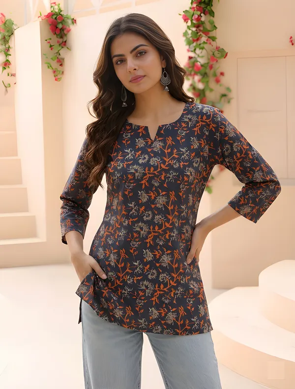 Women_Ladies_Navy_Blue_Printed_Cotton_Blend_Tunic_Top,_Round_Neck_3/4_Sleeve_Casual_Western_Wear