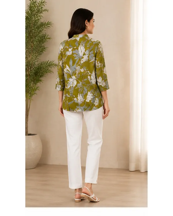 Women_Ladies_Olive_Green_Floral_Printed_Polyester_Top,_3/4_Sleeve_Collared_Western_Wear_Top