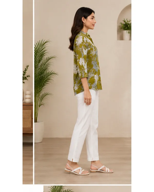 Women_Ladies_Olive_Green_Floral_Printed_Polyester_Top,_3/4_Sleeve_Collared_Western_Wear_Top