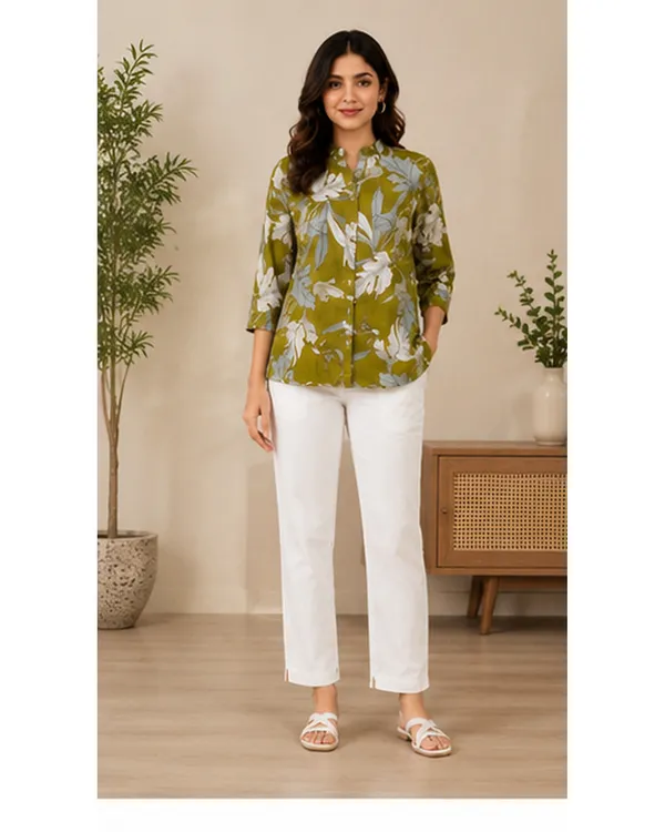 Women_Ladies_Olive_Green_Floral_Printed_Polyester_Top,_3/4_Sleeve_Collared_Western_Wear_Top