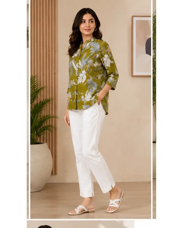 Women_Ladies_Olive_Green_Floral_Printed_Polyester_Top,_3/4_Sleeve_Collared_Western_Wear_Top